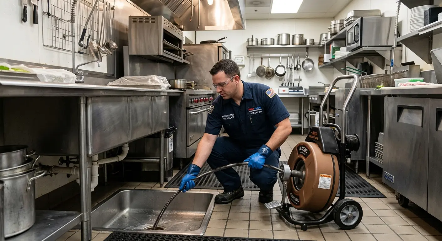 Commercial drain cleaning service in a restaurant kitchen in Austell