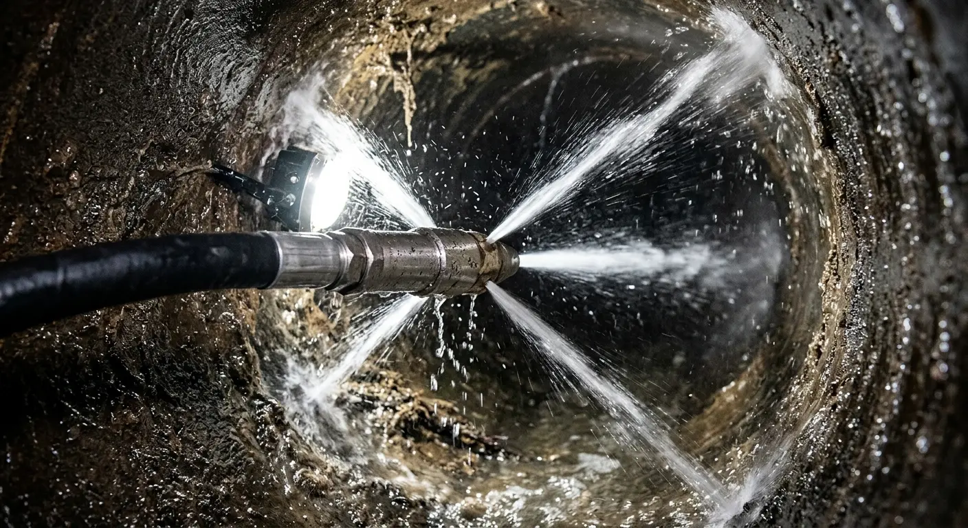 High-pressure hydro jetting nozzle cleaning sewer pipe for Emergency Drain Service in Austell