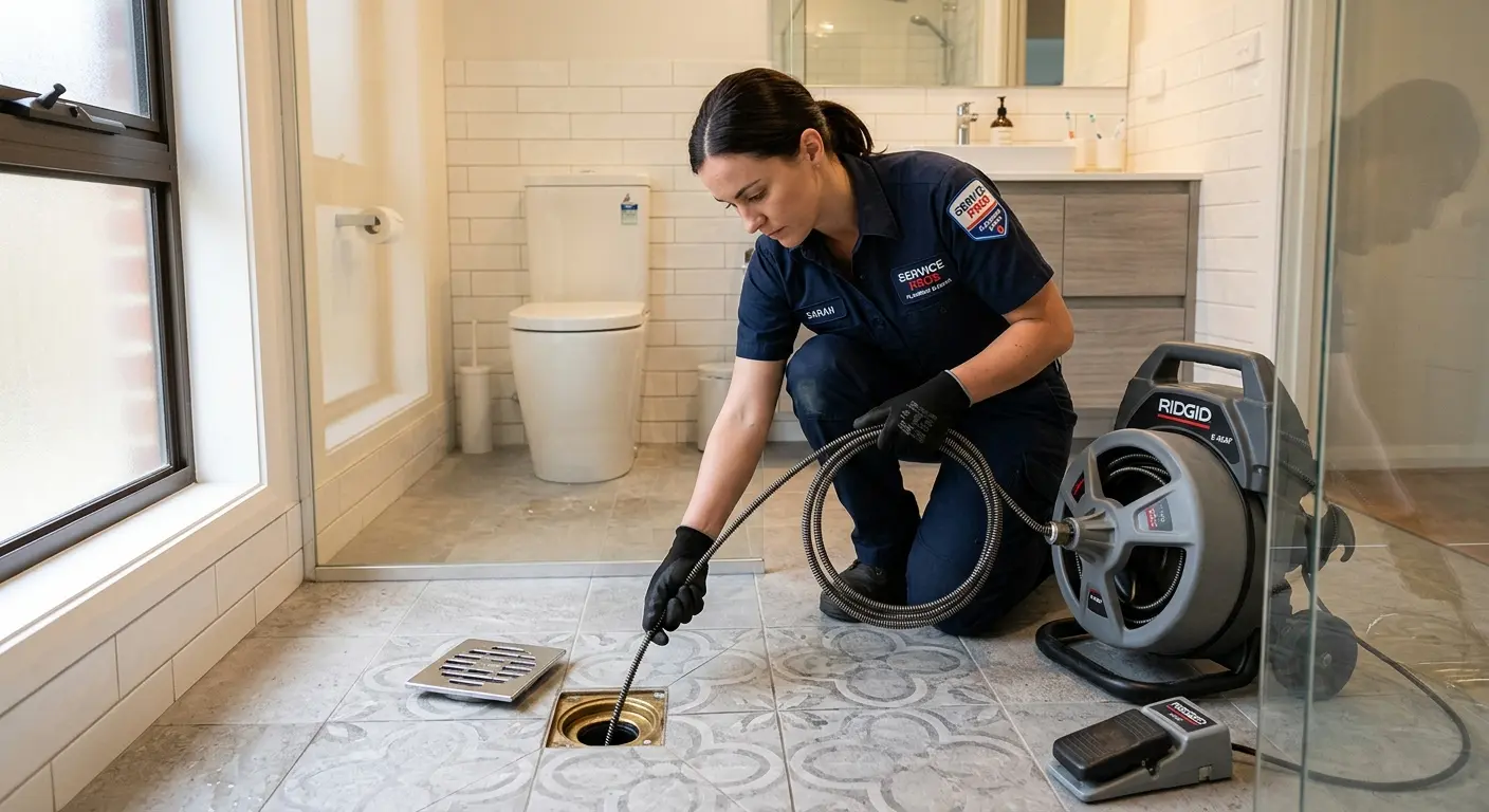 Technician clearing a bathroom floor drain for Drain Repair in Austell